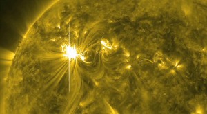 628398main flare x5.4 orig 300x166 Solar Flares Heading This Way